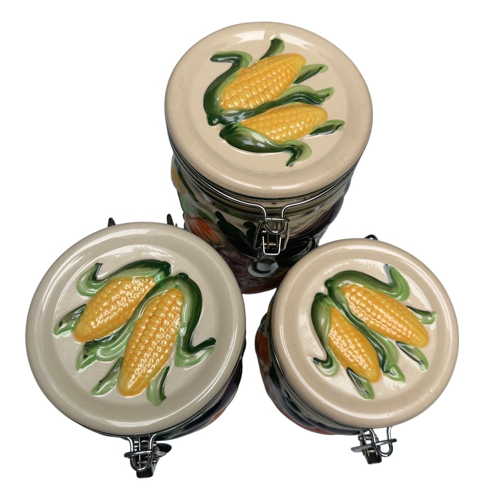 Vintage Gourmet Home Accents Ceramic Canister 3 pc Set Sculpted Fruit Colorful - Picture 15 of 16
